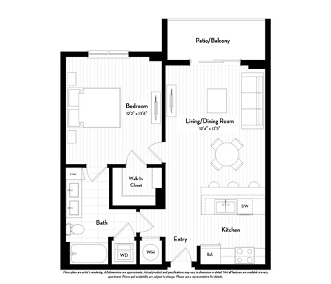 Floor plan for 1 bed, 1 bath, 670 sqft